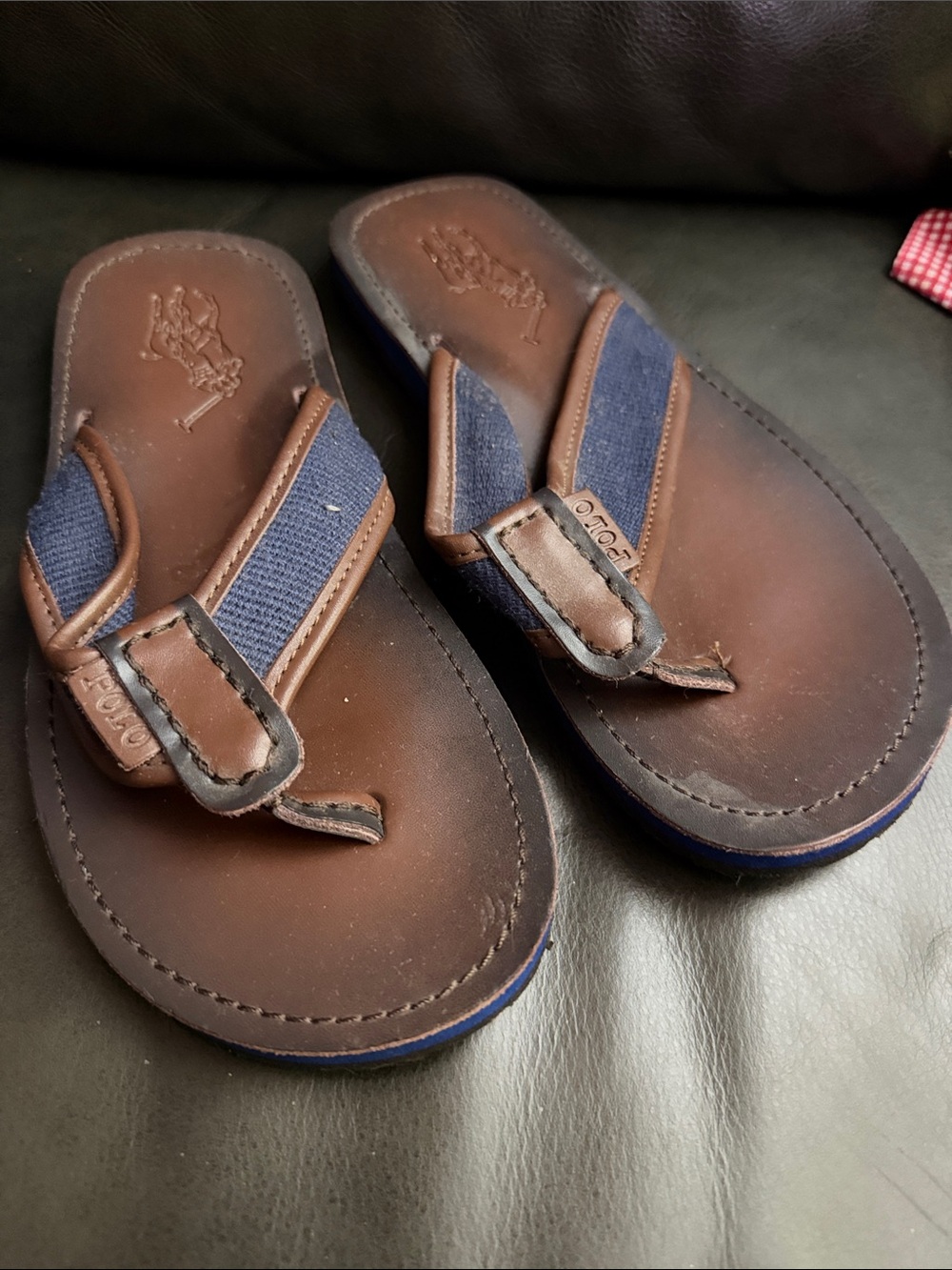 Polo Men's Brown Leather & Navy Fabric Flip-Flops size 8D